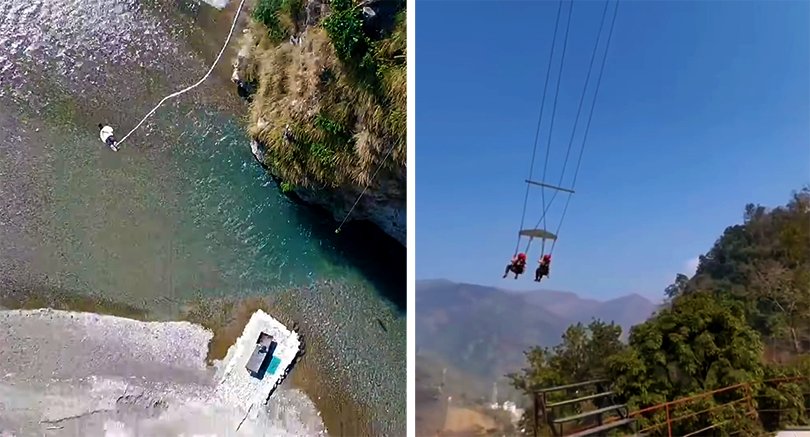 Adventure seeker mid‑air during bungee jump at Rishikesh bungee site