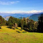 Landscape view of Chopta Uttarakhand, alpine meadows and snow capped mountain