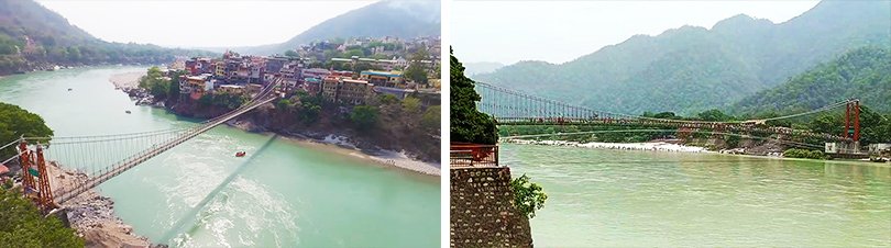 View of Lakshman Jhula and Ram Jhula, iconic suspension bridges over the Ganga in Rishikesh
