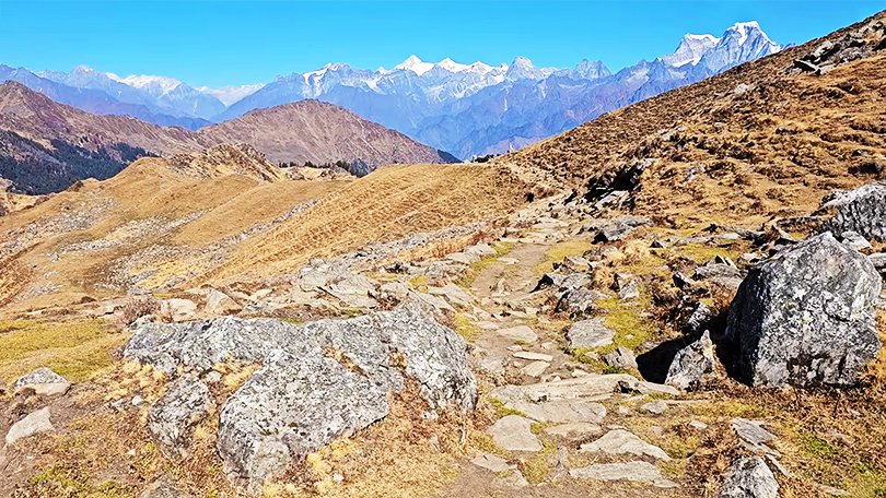 Trekkers on the Kuari Pass trail surrounded by snow-capped peaks, one of the Best Places to Visit in Auli for adventure seekers.
