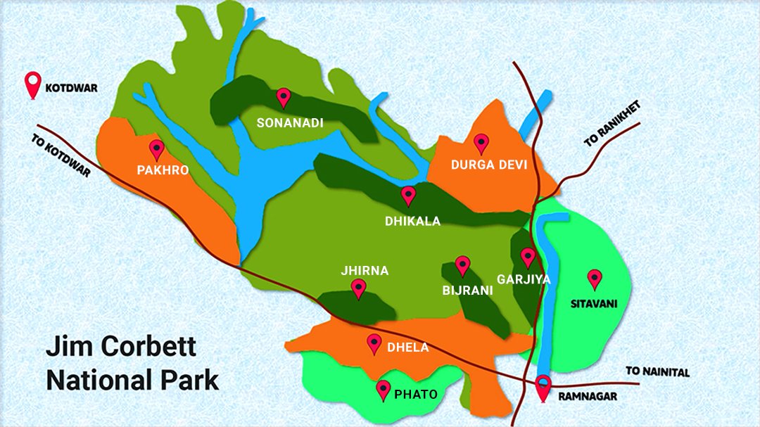 Map illustration showing the six main zones of Jim Corbett National Park including Dhikala and Bijrani