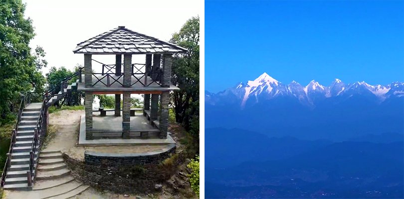 Zero Point viewpoint in Binsar Uttarakhand offering breathtaking panoramic views of Himalayan peaks like Nanda Devi, Trishul, and Kedarnath.