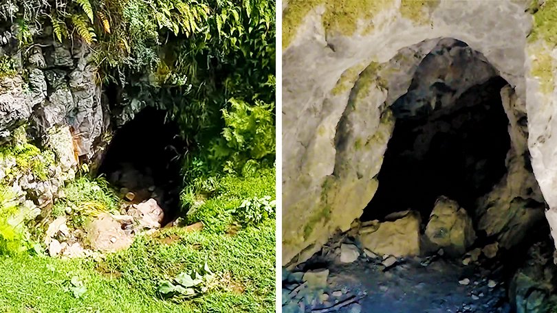 Entrance and inside view of Budher Caves near Chakrata, a famous trekking spot linked to Mahabharata mythology, surrounded by alpine meadows.