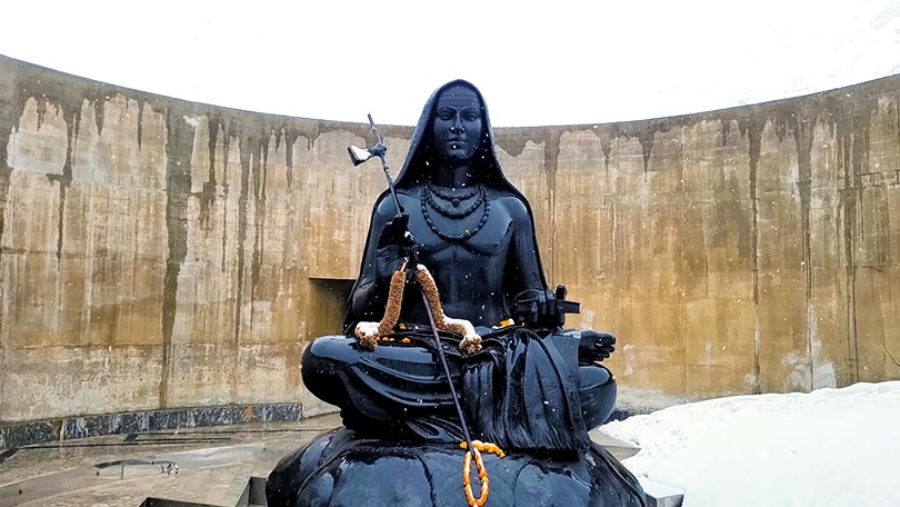 “12-foot statue of Adi Shankaracharya Ji near Kedarnath Temple, spiritual reformer who revived Kedarnath in 8th century – Kedarnath Dham Yatra 2026”