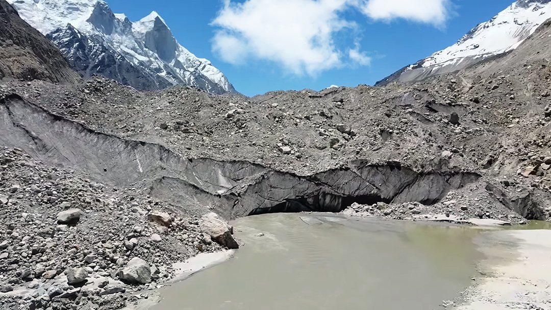 The sacred Gaumukh glacier, source of River Ganga, showing icy terrain and the beginning of Tapovan trail.