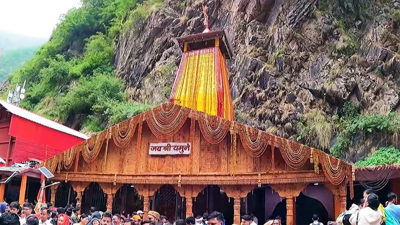 Yamunotri Dham temple view with pilgrims during Char Dham Yatra 2025, sacred source of River Yamuna