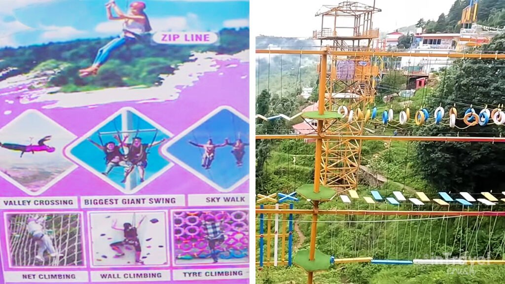 Adventure activity in Kanatal with mountain backdrop