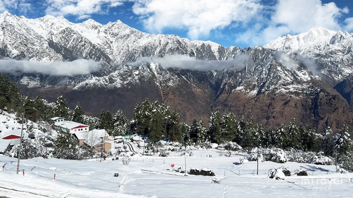 Snow-covered landscape in Uttarakhand with trees, open snowy ground and winter mountain views – Best Snowfall Places in Uttarakhand 2025.