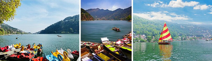 Boating at Naini Lake with colorful boats and misty hills in Nainital